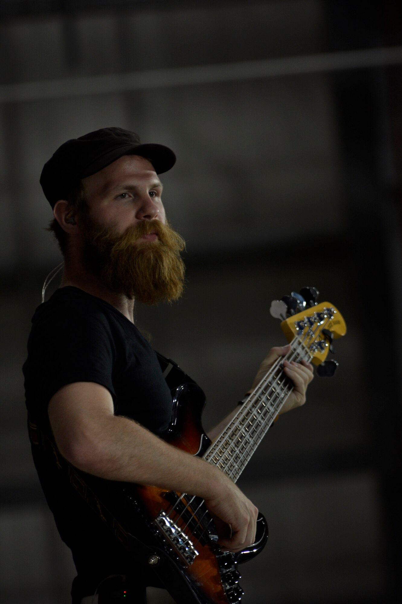 Vertical Horizon band member Jeff Jarvis plays the bass during a performance for service members at Bagram Airfield, Afghanistan July 4, 2014.  Stars for Stripes sponsored the event for Airmen, Soldiers, Sailors and Marines here, the concert was part of a sequence of events for the holiday.  (U.S. Air Force photo by Staff Sgt. Evelyn Chavez)