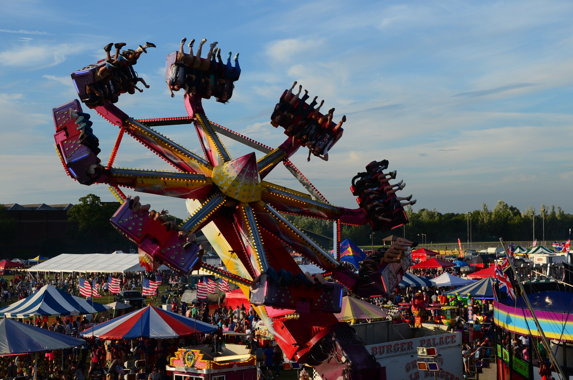 Royal Air Force Feltwell, England, hosted a celebration July 4, 2014. The free, public event featured many events and activities, including rides, games, food booths, an aerial demonstration from the RAF Red Arrows, and a fireworks display. (U.S. Air Force photo by Airman 1st Class Erin O’Shea/Released)