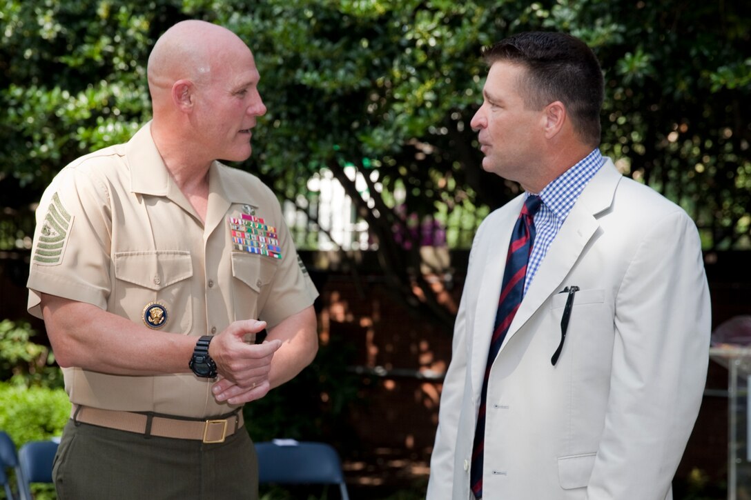 Sgt. Maj. Micheal P. Barrett, the 17th Sergeant Major of the Marine Corps, attends the promotion ceremony for Maj. Gen. John R. Ewers Jr., at the Home of the Commandants, Washington D.C., on July 2, 2014. (U.S. Marine Corps photo by Lance Cpl. Samantha K. Draughon/ Released)