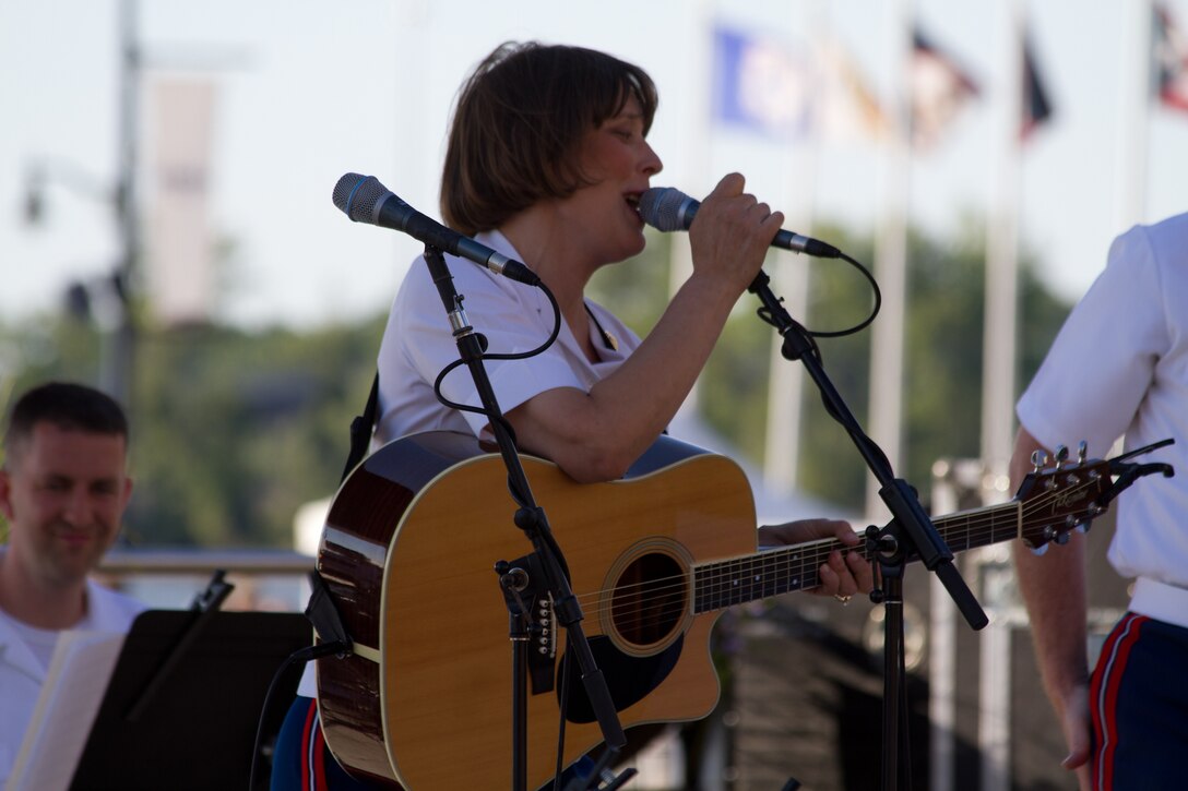 On July 5, 2014, Free Country, the Marine Band's contemporary country music ensemble, performed at National Harbor in Maryland. Pictured, Master Gunnery Sgt. Amy Horn. (U.S. Marine Corps photo released/Gunnery Sgt. Amanda Simmons)