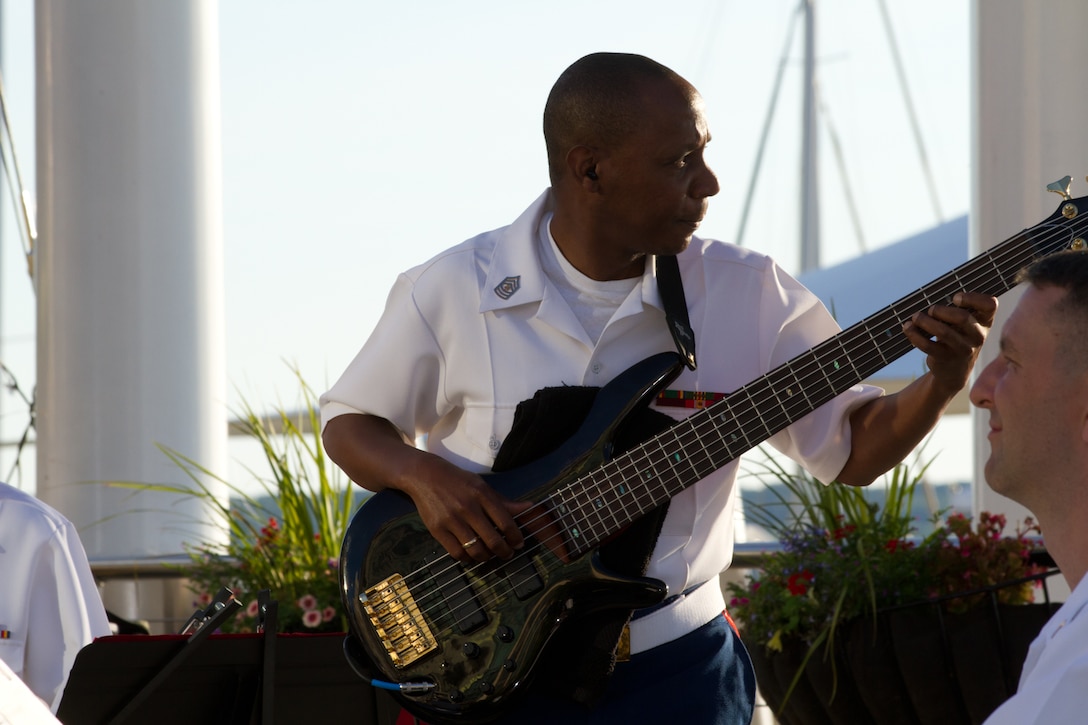 On July 5, 2014, Free Country, the Marine Band's contemporary country music ensemble, performed at National Harbor in Maryland. Pictured, Master Sgt. Aaron Clay. (U.S. Marine Corps photo released/Gunnery Sgt. Amanda Simmons)
