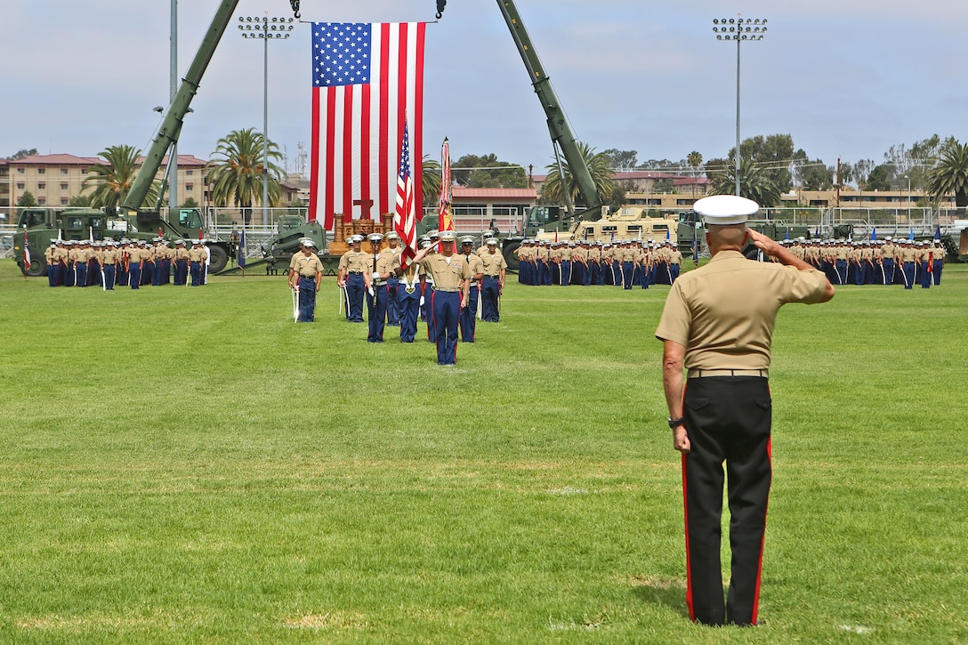 Brigadier Gen. Vincent A. Coglianese, 1st Marine Logistics Group Commanding General, salutes Marines with 7th Engineer Support Battalion, 1st MLG, during a change of command ceremony where Lt. Col. John Martinko, outgoing commanding officer, relinquished control of 7th ESB to Lt. Col. Eric Penford, incoming commanding officer, aboard Camp Pendleton, Calif., July 1, 2014. Martinko is slated to pursue studies at the National War College, Ft. Lesley McNair, Wash., as a prerequisite for higher positions of command.
