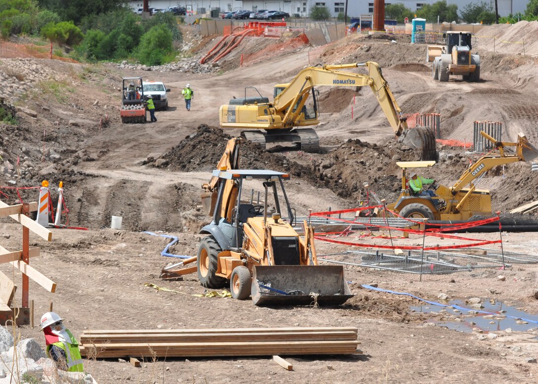 Contractors work on the bridge across the Chula Vista Wash June 18 in Nogales, Ariz. The U.S. Army Corps of Engineers Los Angeles District is working to replace the bridge it removed during a previous construction project.