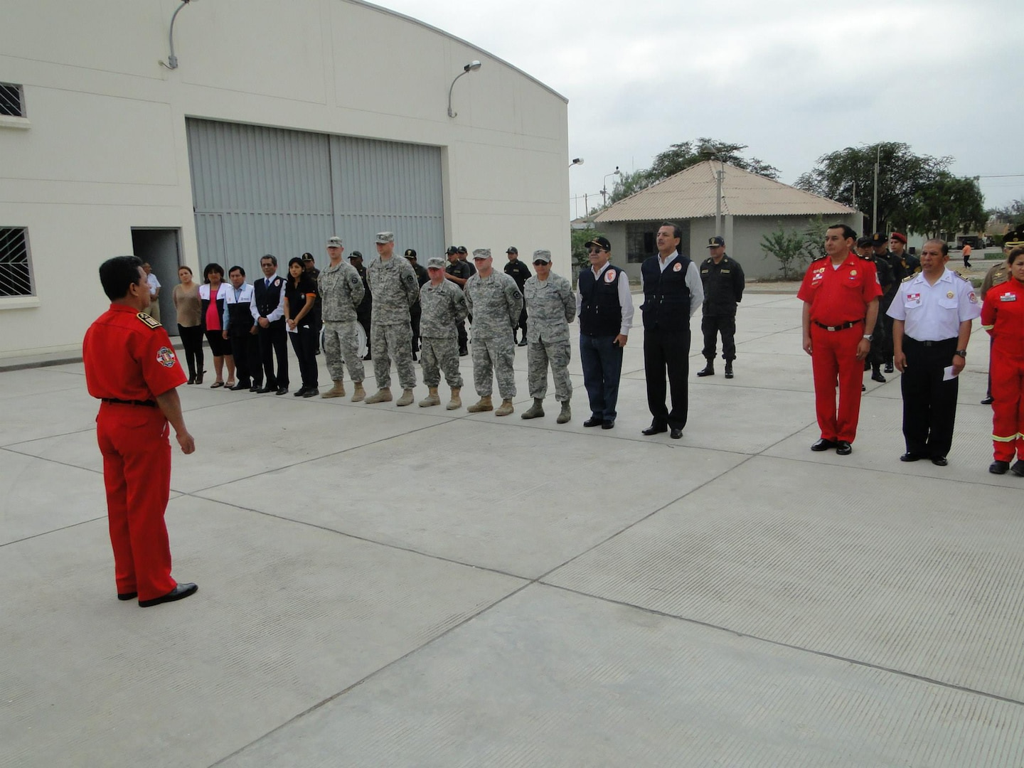 Members of the West Virginia National Guard CERF-P and Peruvian first responders form up during a training event in Peru. The training, which took place June 19-24, introduced Peruvian military and civilian responders to basic search and rescue techniques.