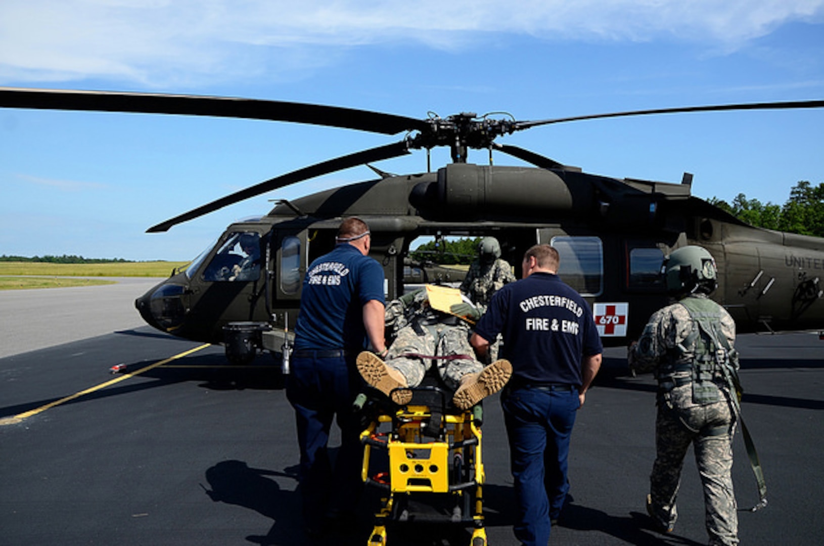 Virginia Army National Guard aviators provide aviation support during a National Disaster Medical System Full Scale Exercise held June 7, 2014, at the Chesterfield County (Virginia) Airport. 