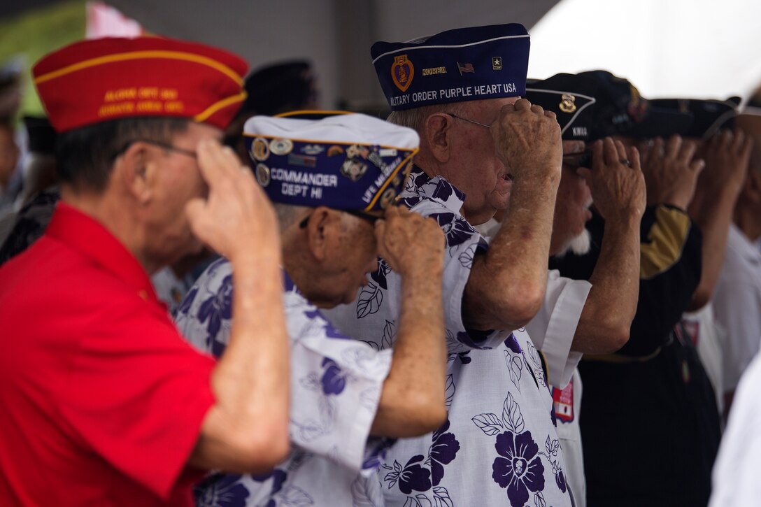 Korean War veterans show their respect and salute while the national anthem plays during the 64th annual Korean War memorial ceremony at the Pacific Memorial Cemetery of the Pacific, June 25, 2014. The ceremony commemorated U.S. and Republic of Korea veterans, both living and dead, who fought for the freedom of South Korea, and guests in attendance laid wreaths at the base of the memorial to honor those who gave their lives. (U.S. Marine Corps photo by Cpl. Matthew J. Bragg)