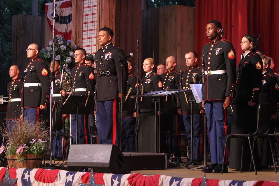 Musicians with the 3rd Marine Aircraft Wing Band stand during an Independence Day concert at the Disneyland Resort in Anaheim, Calif., July 4. The band performed several times throughout the day, featuring patriotic tunes and crowd favorites. This marks the band’s third year being featured during Disneyland’s Independence Day celebration.