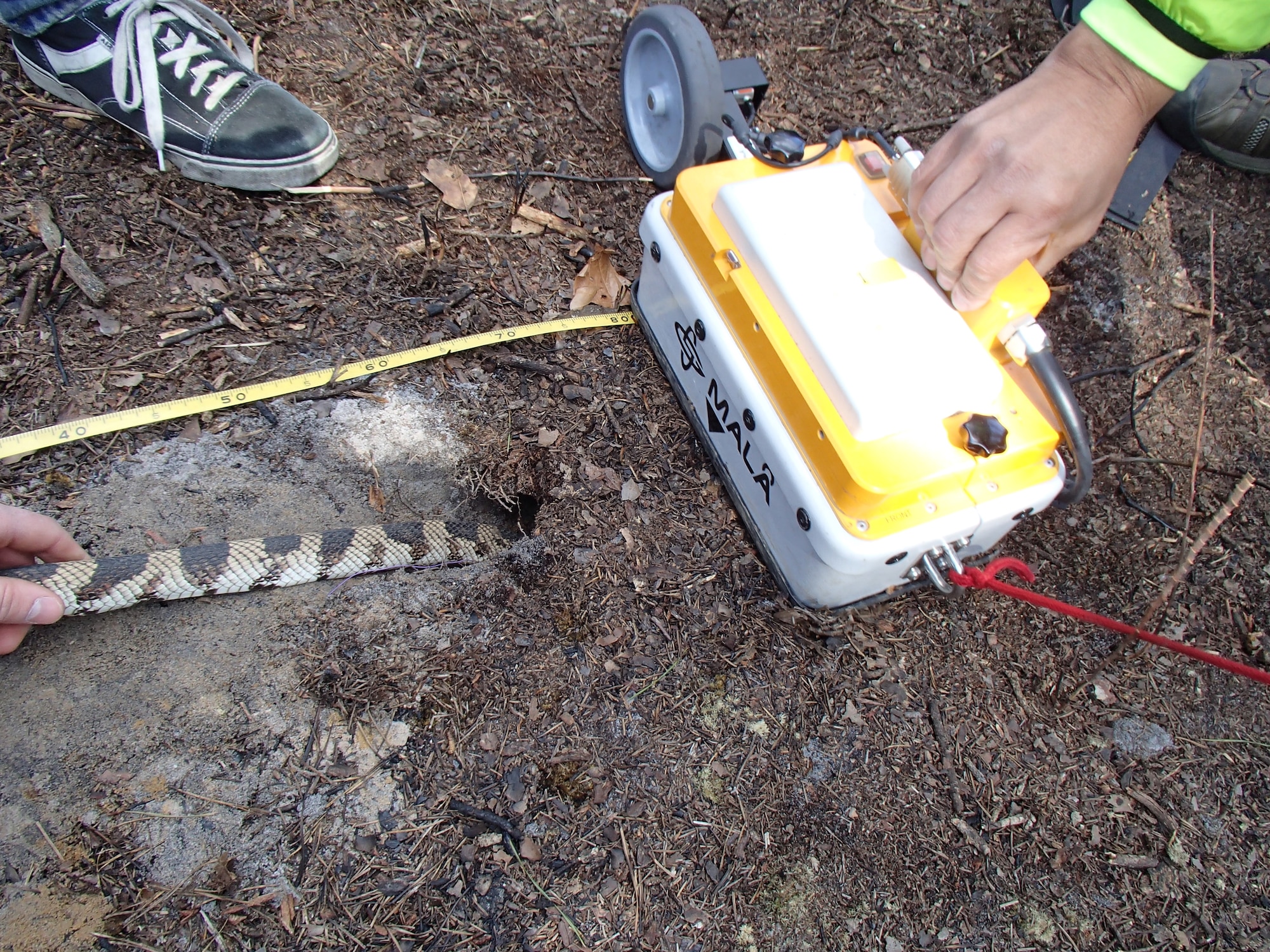 Dane Ward, a doctorate degree candidate at Drexel University, leads a northern pine snake into an experimental burrow so the scientists can compare images with and without the animal in the shaft. In response to the snake’s threatened status in New Jersey, the team of Air Force and university members is mapping the hibernation habitats of the snake at Warren Grove Gunnery Range in an effort to help rebuild the population. (Photo/Dr. Ilya Buynevich, Temple University)