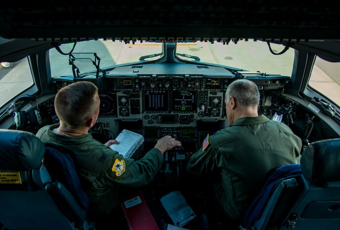 Col. Tony Schenk, 437th Operations Group deputy commander, and Lt. Col. Russ Catanach, 315th Operations Group vice commander, perform pre-flight checks prior to take-off July 1, 2014, on the flight line at Joint Base Charleston, S.C. Schenk and Catanach were both members of the initial cadre of C-17 pilot teams that flew C-17s to Charleston Air Base more than 20 years ago, and were now participating in Schenk’s ‘fini flight,’ an aviation tradition in which aircrew members are met by their unit comrades, family and friends and soaked with water after completing their final flight with their unit. (U.S. Air Force photo/ Airman 1st Class Clayton Cupit)