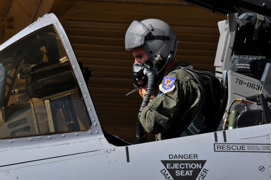 1st Lt. Kyle Adkison runs through preflight checks prior to departure in a 188th Wing A-10C Thunderbolt II "Warthog" aircraft, tail no. 638, at Ebbing Air National Guard Base, Fort Smith, Arkansas, June 3, 2014. The pilot transported the A-10 to Moody Air Force Base, Georgia as part of the 188th Wing's conversion to a remotely piloted aircraft/intelligence, surveillance and reconnaissance mission. (U.S. Air National Guard photo by Airman 1st Class Cody Martin/Released)
