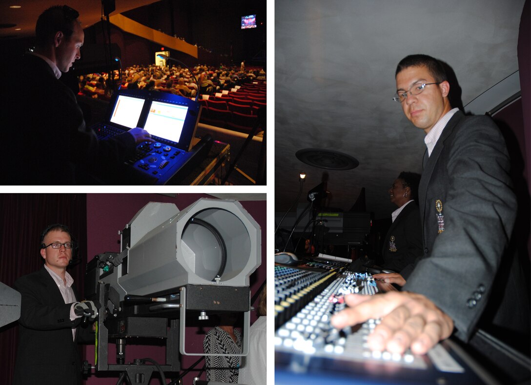 (Top left corner) Senior Airmen Blake Whilden, lighting director, adjusts illumination settings, (lower left corner) Senior Airman Andrew Schoon, vehicle and spotlight operator, waits for the signal to turn on the spotlight and (at right) Senior Airman Steven Dores, audio director, adjusts microphone and speaker volumes for the start of the Air Force Tops in Blue show held June 29, 2014, at the Chester Fritz Auditorium on the campus grounds of the University of North Dakota in Grand Forks, N.D. Members of Tops in Blue are also responsible for set up and break down of the sets and all equipment used in the show. (U.S. Air Force photos/Staff Sgt. Luis Loza Gutierrez)