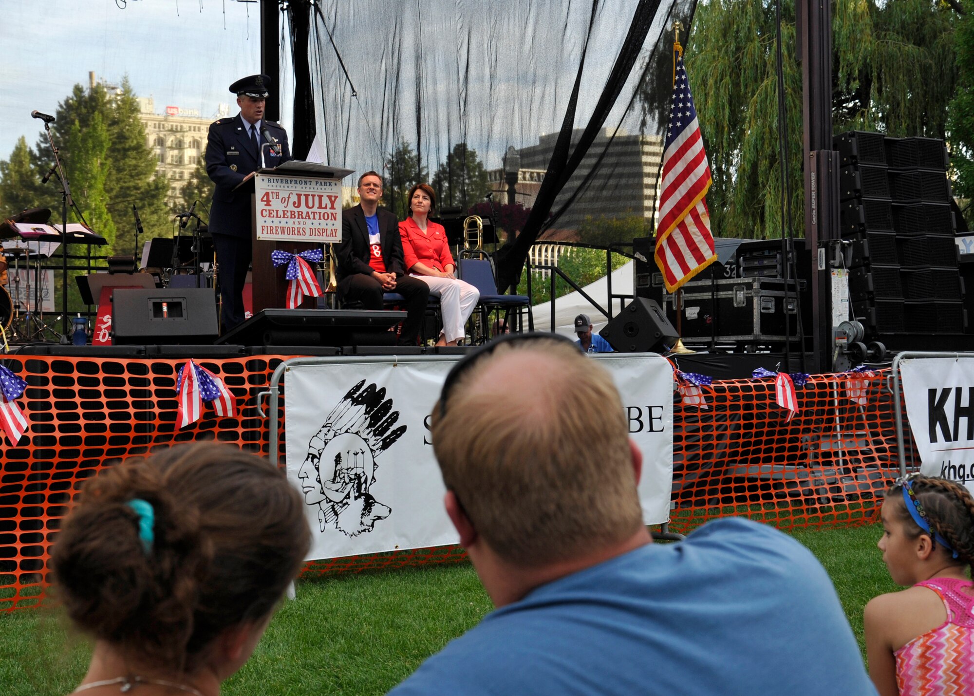 Col. Brian Newberry, 92nd Air Refueling Wing commander, speaks at the Riverfront Park 4th of July Celebration at Spokane, Washington, July 4, 2014. (U.S. Air Force photo by Staff Sgt. Michael Means/Released)