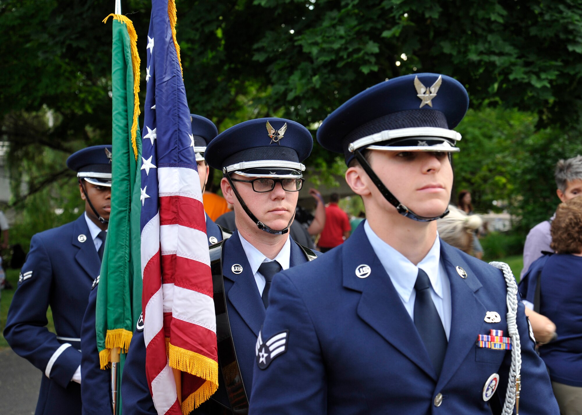 Members of the Fairchild Air Force Base honor guard standby to present the colors at the Riverfront Park 4th of July Celebration at Spokane, Washington, July 4, 2014. (U.S. Air Force photo by Staff Sgt. Michael Means/Released)