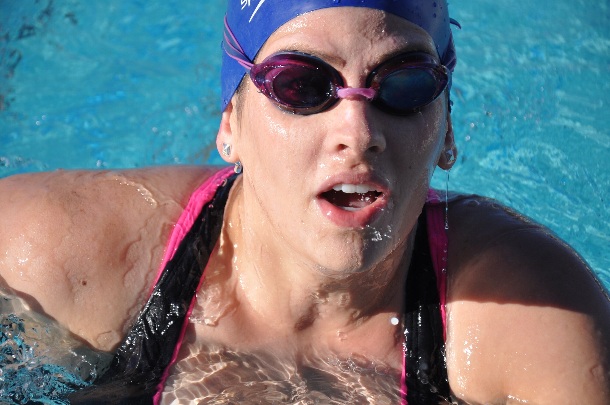 A participant takes a breath of air during the 500-meter swim portion of the Gotta Tri Triathlon Saturday at the Aquatic Center. The event began with the swim then transitioned to a 12-mile bike ride and ended with a 3.6 mile run.