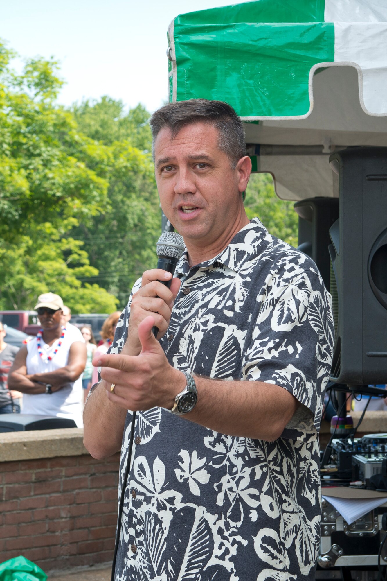Brig. Gen. Michael R. Taheri, commander of the Air National Guard Readiness Center at Joint Base Andrews, Maryland gives welcome remarks at the start of the annual ANGRC picnic at Fort Hunt Park near Alexandria, Virginia July 3, 2014. The event provides an opportunity to build morale, teamwork and recognize the sacrifices and contributions of ANG families to the Total Force mission. (Air National Guard photo by Master Sgt. Marvin R. Preston/Released)