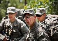 An Army Ranger student checks his six in the woods of the Eglin Air Force Base, Fla., range.  Students complete the final phase of the Army Ranger course with the 6th Ranger Training Battalion.  Instructors expose the students to an 18-day field training that includes airborne and helicopter assaults, small boat operations, river and swamp crossings.  (U.S. Air Force photo/Tech. Sgt. Samuel King Jr.)