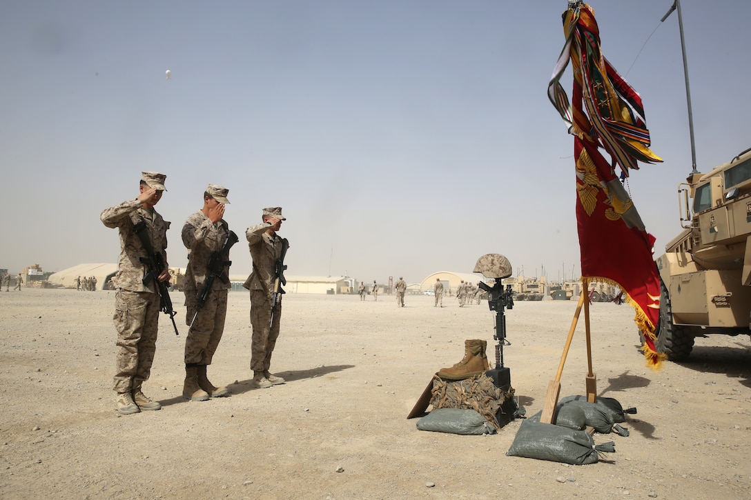 Marines with 1st Battalion, 7th Marine Regiment, salute a battlefield cross during a memorial ceremony aboard Camp Leatherneck, July 2, 2014. The memorial was in honor of Sgt. Thomas Z. Spitzer, a professionally instructed gunman with Scout Sniper Platoon, 1st Bn., 7th Marines, who was killed while conducting combat operations in Helmand province, Afghanistan, June 25, 2014.
(U.S. Marine Corps photo by Cpl. Joseph Scanlan / released)
