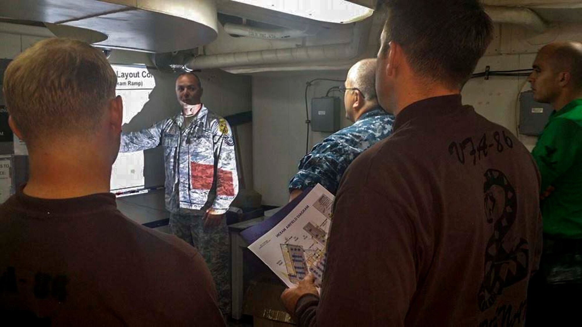 Tech. Sgt. Bryan Masters, 15th Operations Support Squadron Airfield Management Operations NCO in charge, teaches flightline driving protocol to Sailors onboard the USS Reagan (CVN 76) June 25, 2014. Masters and his team trained 98 Sailors on the rules of driving on the airfield at Joint Base pearl Harbor-Hickam ahead of their arrival here for the Rim of the Pacific 2014 exercise. RIMPAC is a U.S. Pacific Command-hosted biennial multinational maritime exercise designed to foster and sustain international cooperation on the security of the world's oceans. (Courtesy photo)