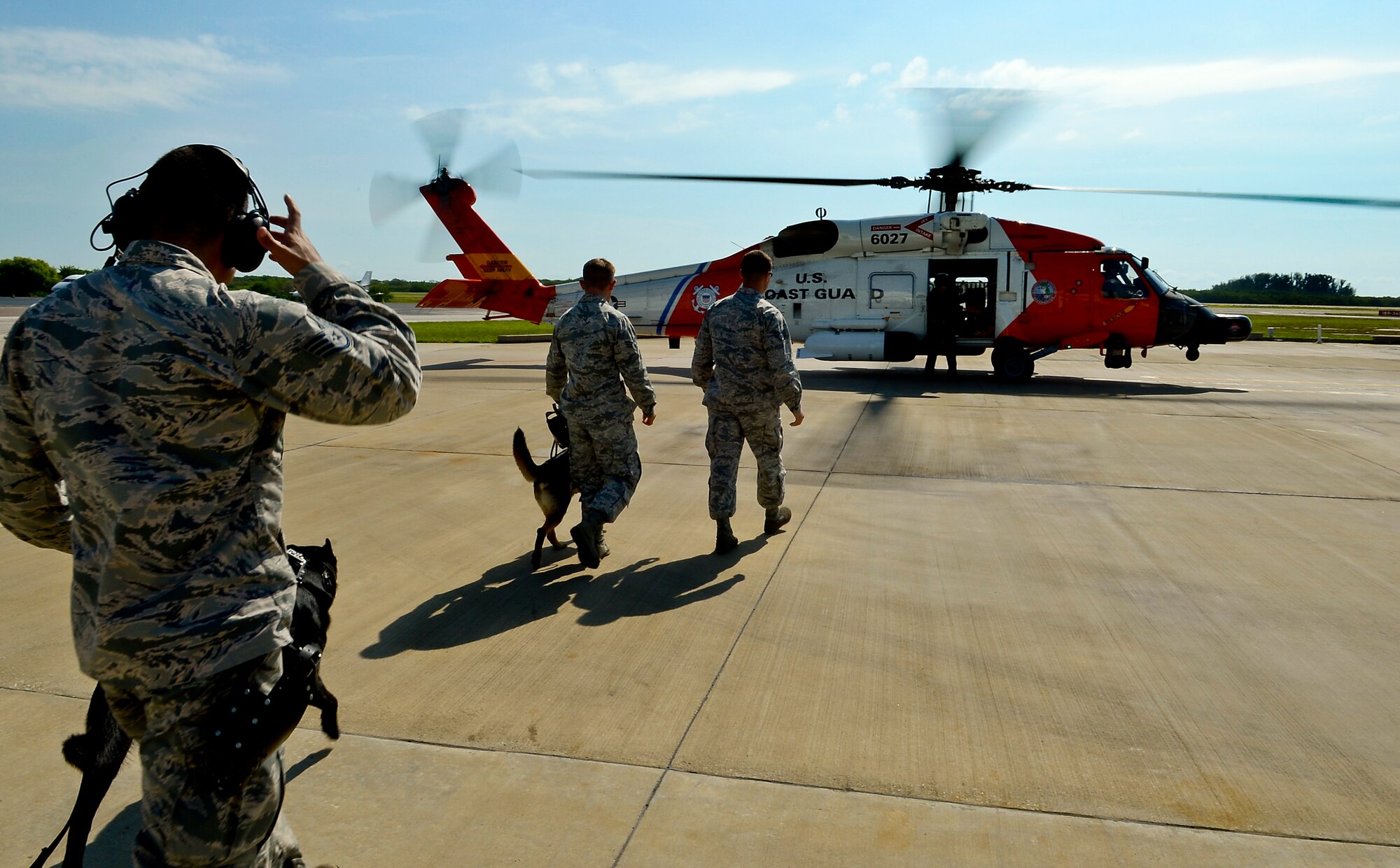 Handlers from the 6th Security Forces Squadron military working dog section and their dogs walk toward the Sikorsky MH-60T Jayhawk during a training session with the U.S. Coast Guard Air Station in Clearwater, Fla., June 30, 2014. This training allowed the handlers to evaluate their four-legged partners’ reactions when exposed to the loud noise along with the high altitude. (U.S. Air Force photo by Senior Airman Melanie Bulow-Gonterman/Released) 