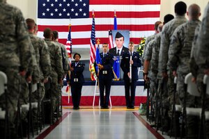 Langley Air Force Base Honor Guardsmen post the colors during U.S. Air Force Senior Airman James Prine’s memorial service at Langley Air Force Base, Va., July 3, 2014. Prine, a 1st Aircraft Maintenance Squadron crew chief, died on June 28 from an accidental drowning. (U.S. Air Force photo by Airman 1st Class Areca T. Wilson/Released) 