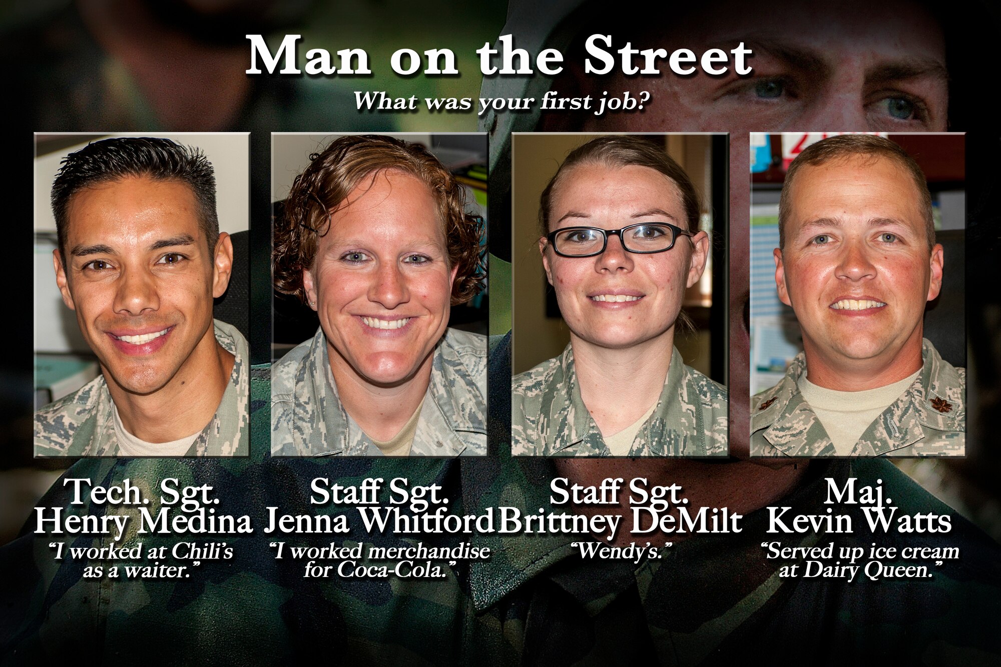 Check out this week's Man on the Street highlighting Fairchild Airmen and their first jobs at Fairchild Air Force Base, Washington, July 11, 2014. (U.S. Air Force graphic by Staff Sgt. Benjamin W. Stratton/Released)