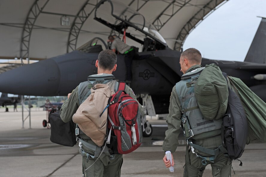Lt. Col. Paul Hibbard (left), 333rd Fighter Squadron pilot, and Maj. Michael Shields (right), 333rd FS weapon systems officer, approach their F-15E Strike Eagle aircraft July 3, 2014, at Seymour Johnson Air Force Base, North Carolina. More than 50 Strike Eagle aircraft were repositioned to Wright-Patterson Air Force Base, Ohio, as a precautionary measure to avoid potential damage from high winds associated with Hurricane Arthur. (U.S. Air Force photo/Airman 1st Class Aaron J. Jenne) 