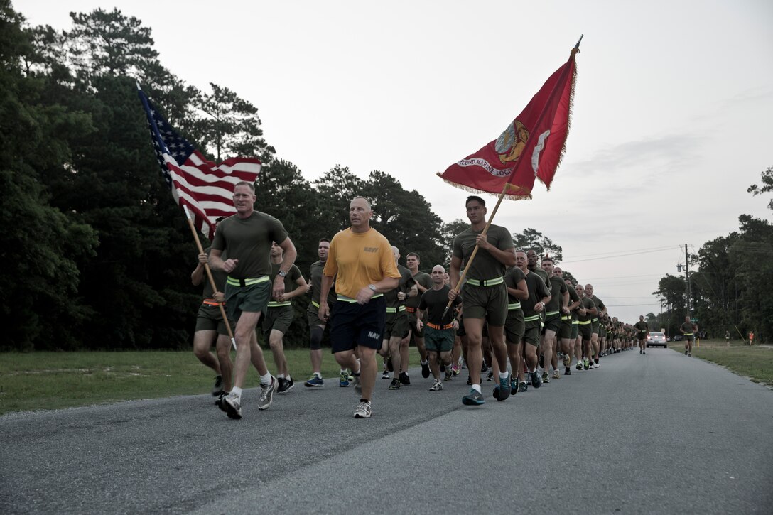 Brig. Gen. Edward D. Banta led the Marines and sailors of 2nd Marine Logistics Group during their group-wide run at Camp Lejeune, N.C., July 2, 2014. Hundreds of service members took to the street early in the morning in a formation that stretched for hundreds of yards. More than 8,000 men and women currently serve with the 2nd MLG, and all available personnel joined the group as a way to build unit camaraderie before the Fourth of July holiday. At the completion of the run, Banta and other members of the 2nd MLG command staff spoke to the assembled Marines and sailors and thanked them for their hard work and commitment to the unit’s mission.



