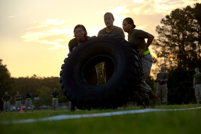 Marines and sailors with Combat Logistics Regiment 27, 2nd Marine Logistics Group competed in a head-to-head combat fitness challenge at Camp Lejeune, N.C., July 8, 2014. The regiment raised male and female teams of three from its various sections and had them complete tire flips, stretcher carries, and ammo-resupply runs as a way to test their combat fitness and forge a stronger bond between service members.


