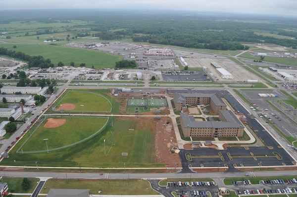 An aerial view of the recently completed Echelons Above Brigade (EAB) Barracks Complex at Fort Campbell shows the many sports fields included in the project.