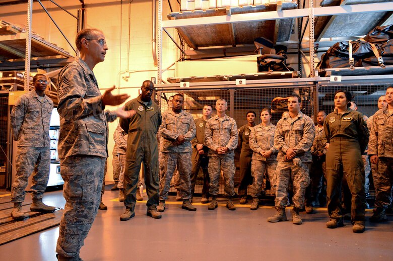 Chief Master Sgt. Pete Stone, U.S. Air Force Expeditionary Center command chief, discusses enlisted issues with 43rd Aeromedical Evacuation Squadron Airmen during his tour of 43rd Airlift Group units on July 8, 2014, Pope Army Airfield, N.C. (U.S. Air Force photo/Marvin Krause)