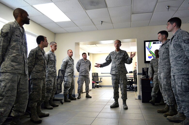 Chief Master Sgt. Pete Stone, U.S. Air Force Expeditionary Center command chief, discusses enlisted issues with 43rd Aircraft Maintenance Squadron Airmen during his tour of 43rd Airlift Group units on July 8, 2014, Pope Army Airfield, N.C. (U.S. Air Force photo/Marvin Krause)