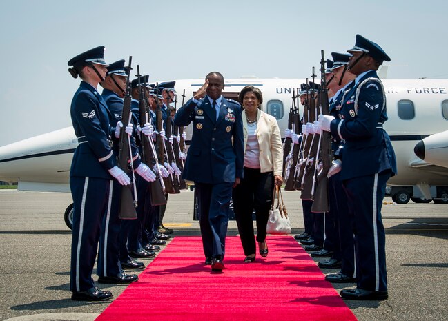 Gen. Darren McDew, Air Mobility Command commander, and his wife, Evelyn, arrive at Joint Base Charleston July 9, 2014. McDew was visiting JB Charleston to get a firsthand look at how joint basing builds closer relationships and forges stronger ties between our sister services. (U.S. Air Force photo/ Airman 1st Class Clayton Cupit)