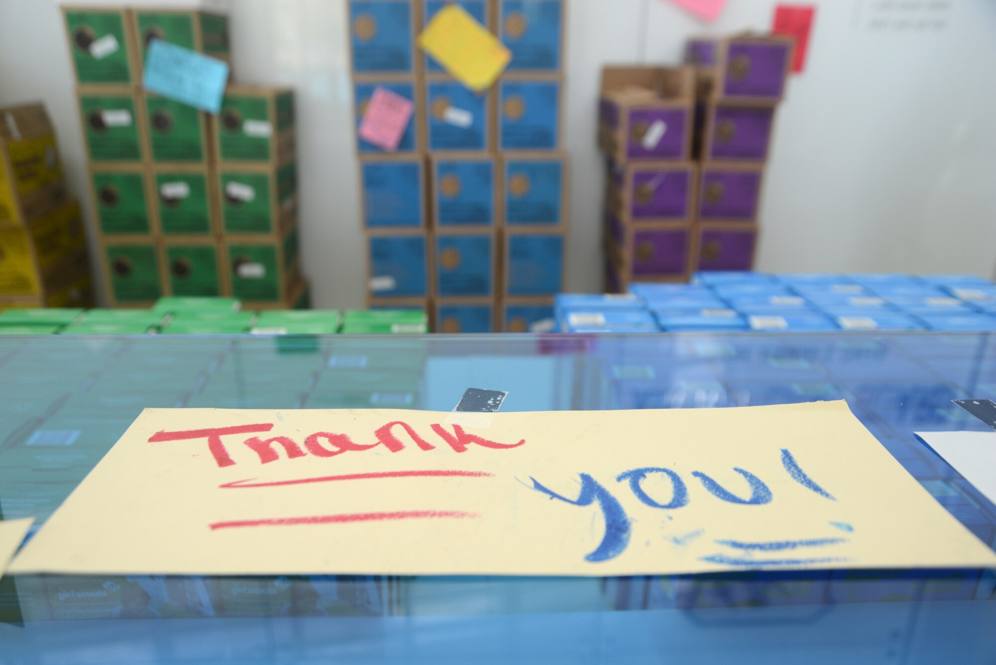One of the many thank-you notes and messages of support included with cookies donated to the Air National Guard Readiness Center, July 2, 2014 as part of Girl Scouts Heart of the Hudson Council's Operation Cookie Drop. More than 1,500 boxes of cookies were donated to the ANGRC by Girl Scouts from the Hudson River valley, N.Y. (U.S. Air National Guard photo by Senior Airman John E. Hillier/Released)