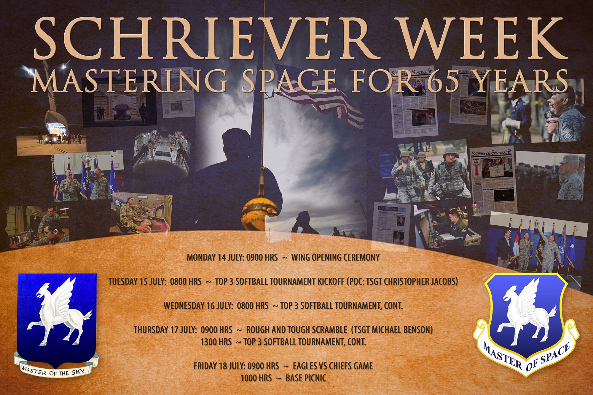 With the theme “Mastering Space for 65 years…,” Team Schriever is holding Schriever Week July 14-18 to honor the installation’s history and recognize the people who support the daily mission. (U.S. Air Force graphic)