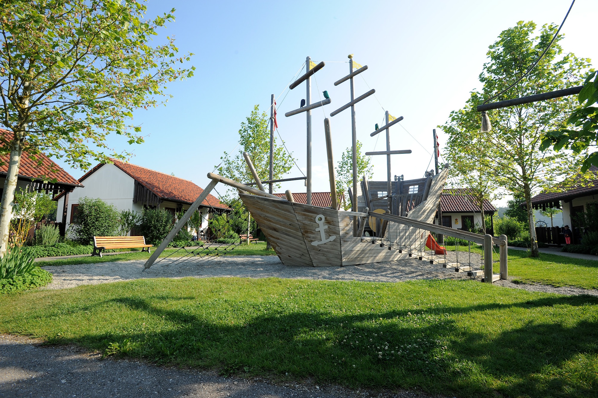 A pirate ship sits in the middle of a group of duplex suites at the Legoland Resort in Gunzburg, Germany. The resort complex has several other themed areas and two large, castle hotels. (U.S. Air Force photo/Staff Sgt. R.J. Biermann)

