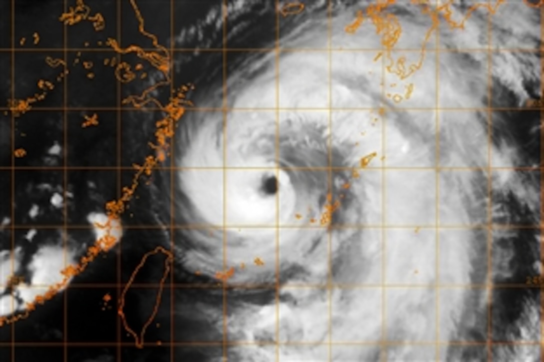 The U.S. Naval Research Laboratory provides an infrared satellite image of Super Typhoon Neoguri, showing the storm near Okinawa, Japan, July 8, 2014. The Navy lab is based in Monterey, Calif.