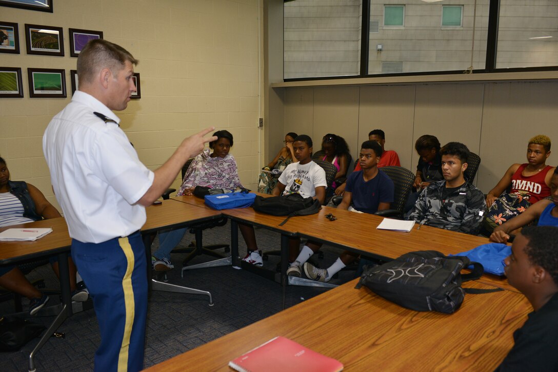 Lt. Col. John L. Hudson, Commander of the Nashville District talks with students attending the National Summer Transportation Institute program June 30,, 2014 on a variety of engineering classes and current district projects during a lecture on the campus of Tennessee State University.  
 The students received briefings on Corps leadership, engineering, structures, projects, mobility, engineer jobs, lock and dams, watersheds, Corps operating processes’ and interacted with engineers and subject matter experts during a tour at the Old Hickory Lock and Dam in Hendersonville, 