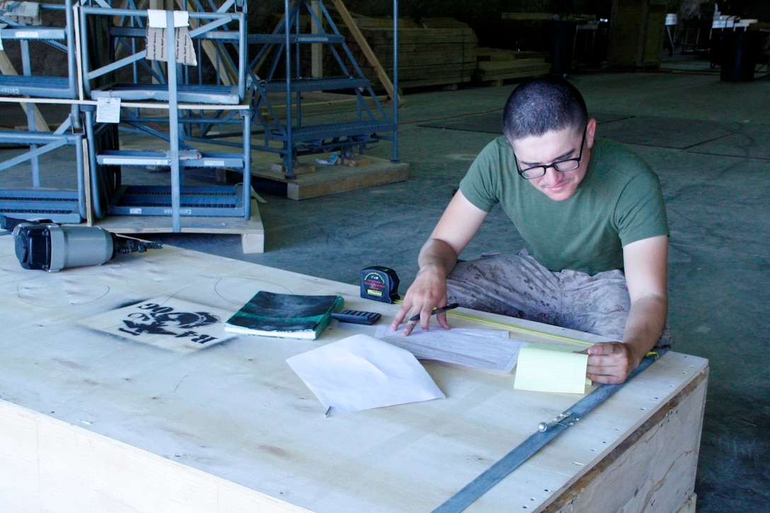Corporal Jonathan Arevalo, a preservation, packaging and packing specialist with Redeployment and Retrograde in support of Reset and Reconstitution Operations Group, checks and records the dimensions of a box used for retrograding gear back to the United States, aboard Camp Leatherneck, Helmand province, Afghanistan, July 1, 2014. R4OG was established during April 2012 and has a significant role as the unit responsible for bringing all Marine Corps gear home from Afghanistan.
