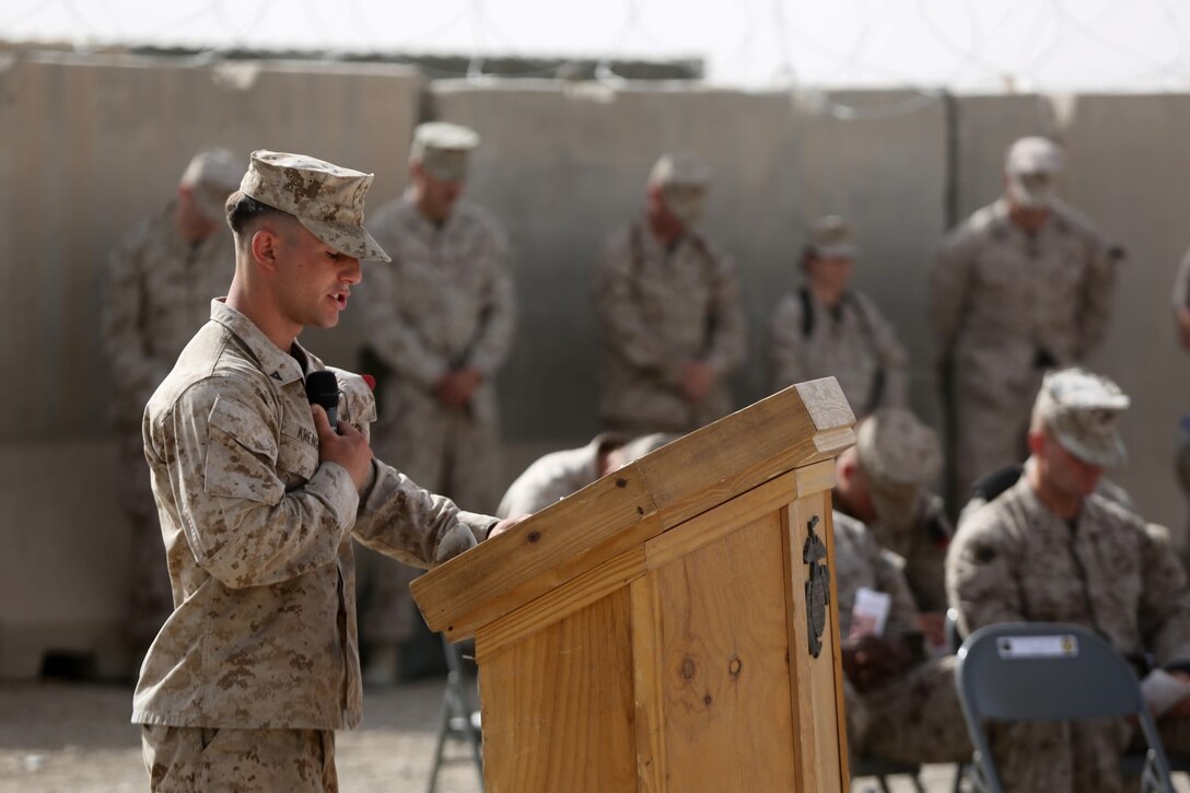 Lance Cpl. Gabriel Krengel, professionally instructed gunman, Scout Sniper Platoon, 1st Battalion, 7th Marine Regiment, and a native of Chicago, Illinois, speaks during a memorial ceremony aboard Camp Leatherneck, July 2, 2014. The memorial was in honor of Sgt. Thomas Z. Spitzer, a professionally instructed gunman with Scout Sniper Platoon, 1st Bn., 7th Marines, who was killed while conducting combat operations in Helmand province, Afghanistan, June 25, 2014.
(U.S. Marine Corps photo by Cpl. Joseph Scanlan / released)