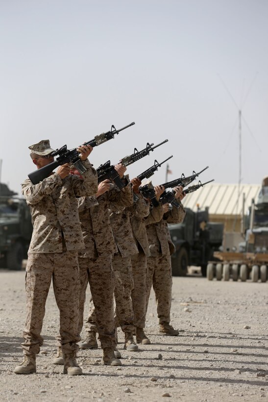 Marines with 1st Battalion, 7th Marine Regiment, conduct a 21-gun salute during a memorial ceremony aboard Camp Leatherneck, July 2, 2014. The memorial was in honor of Sgt. Thomas Z. Spitzer, a professionally instructed gunman with Scout Sniper Platoon, 1st Bn., 7th Marines, who was killed while conducting combat operations in Helmand province, Afghanistan, June 25, 2014.
(U.S. Marine Corps photo by Cpl. Joseph Scanlan / released)