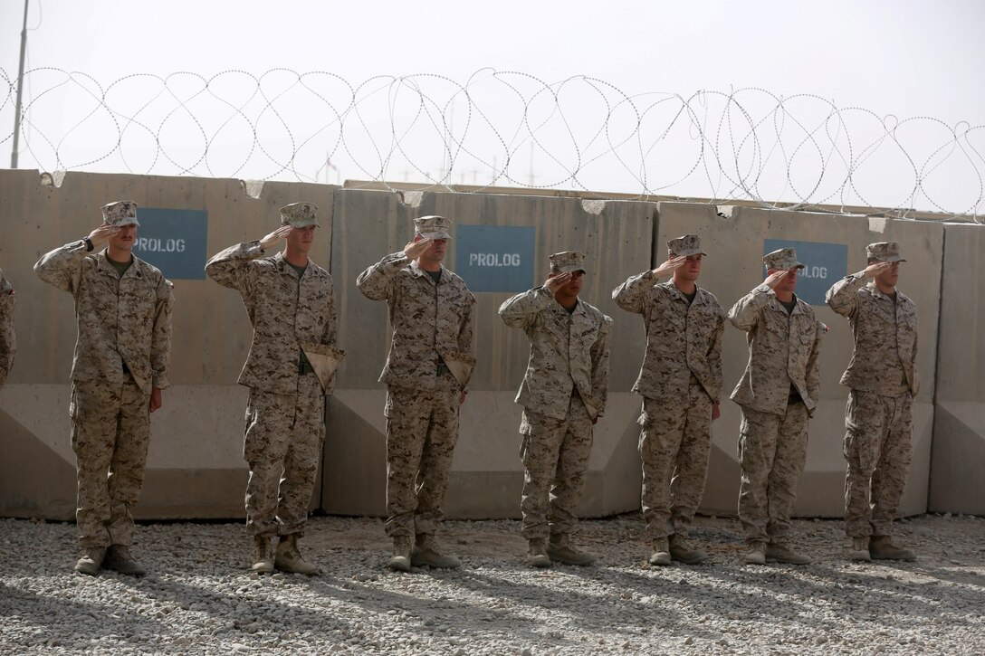 Marines with Scout Sniper Platoon, 1st Battalion, 7th Marine Regiment, salute as the melody "Taps" plays during a memorial ceremony aboard Camp Leatherneck, July 2, 2014. The memorial was in honor of Sgt. Thomas Z. Spitzer, a professionally instructed gunman with Scout Sniper Platoon, 1st Bn., 7th Marines, who was killed while conducting combat operations in Helmand province, Afghanistan, June 25, 2014.
(U.S. Marine Corps photo by Cpl. Joseph Scanlan / released)