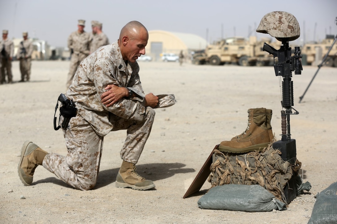 Master Chief Frank Dominguez, Command Master Chief, Regional Command (Southwest), pays his respects to Sgt. Thomas Z. Spitzer during a memorial ceremony aboard Camp Leatherneck, July 2, 2014. The memorial was in honor of Spitzer, a professionally instructed gunman with Scout Sniper Platoon, 1st Battalion, 7th Marine Regiment, who was killed while conducting combat operations in Helmand province, Afghanistan, June 25, 2014.
(U.S. Marine Corps photo by Cpl. Joseph Scanlan / released)