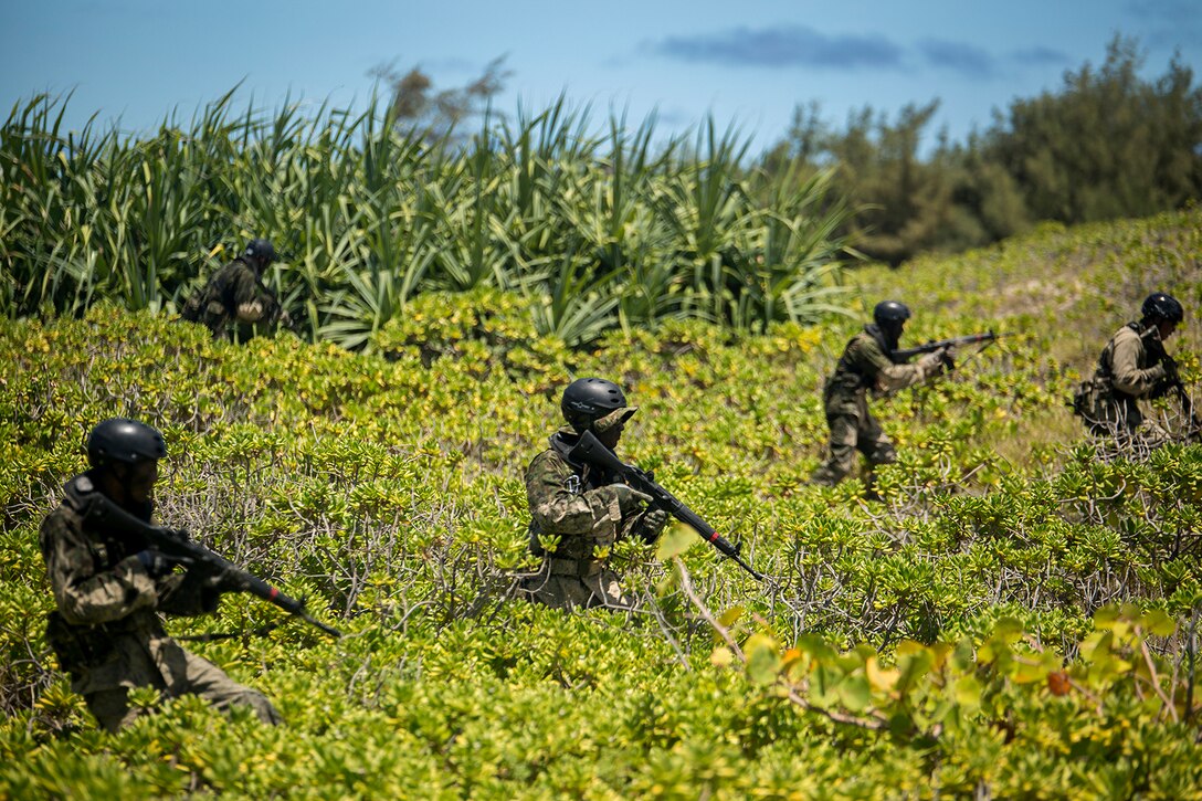 Japan Ground Self-Defense Force (JGSDF) soldiers patrol through shrubbery during an amphibious assault at Pyramid Rock Beach. The JGSDF conducted the training exercise with U.S. Marines with 3rd Reconnaissance Battalion, based in Okinawa, Japan. The world's largest international maritime exercise, Rim of the Pacific (RIMPAC) Exercise 2014, provides a unique training opportunity that helps participants foster and sustain the cooperative relationships that are critical to ensuring the safety of sea lanes and security on the world's oceans. Twenty-two nations, more than 40 ships, six submarines, more than 200 aircraft and 25,000 personnel are participating in RIMPAC.
