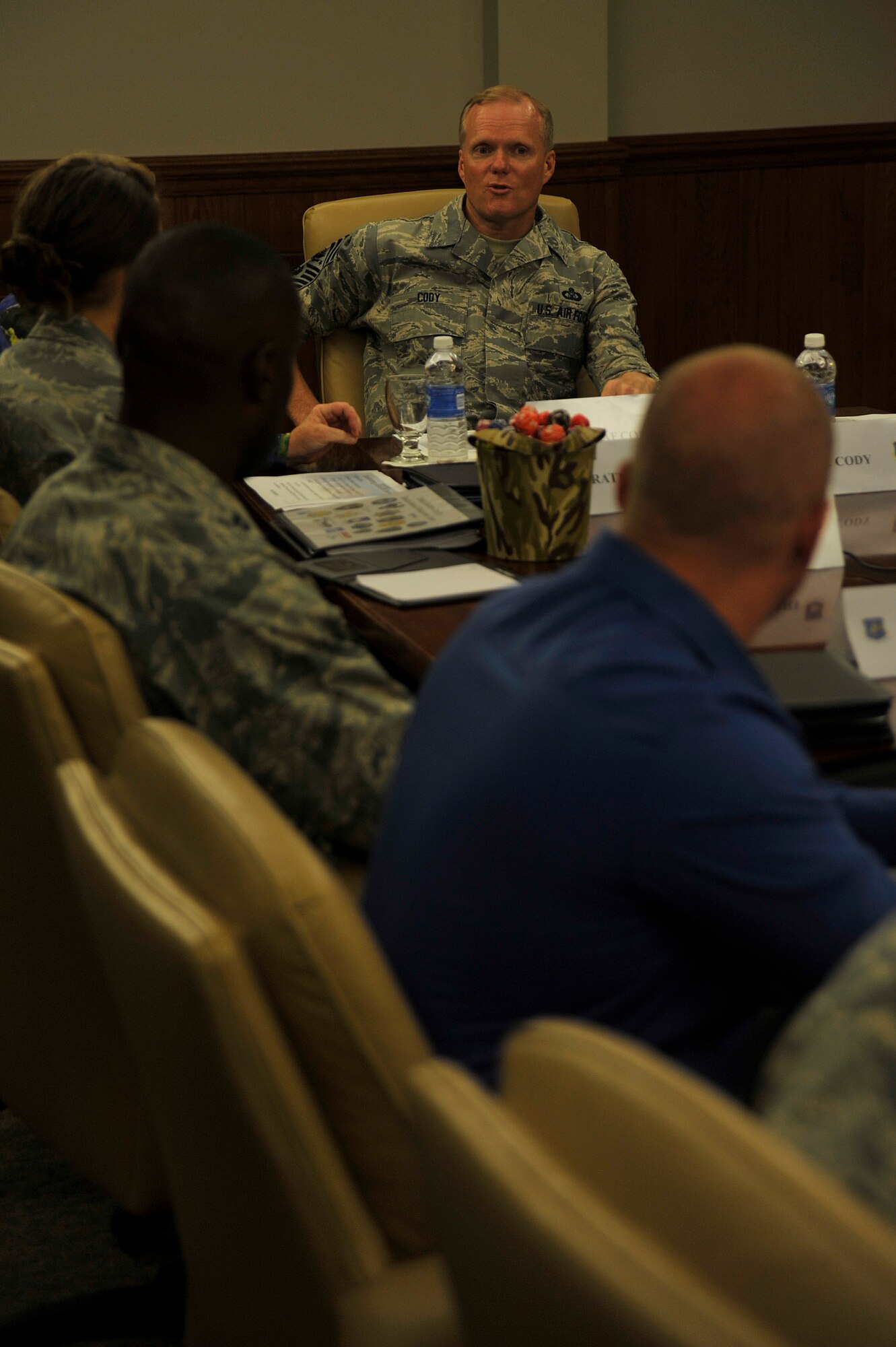 Chief Master Sgt. of the Air Force, James A. Cody, discusses sexual assault prevention with Vandenberg's Sexual Assault Response Coordinator and support team, July 8, 2014, Vandenberg Air Force Base, Calif. During the session, Cody received base level feedback on ways he can help improve prevention at a higher level. (U.S. Air Force photo by Michael Peterson/Released)