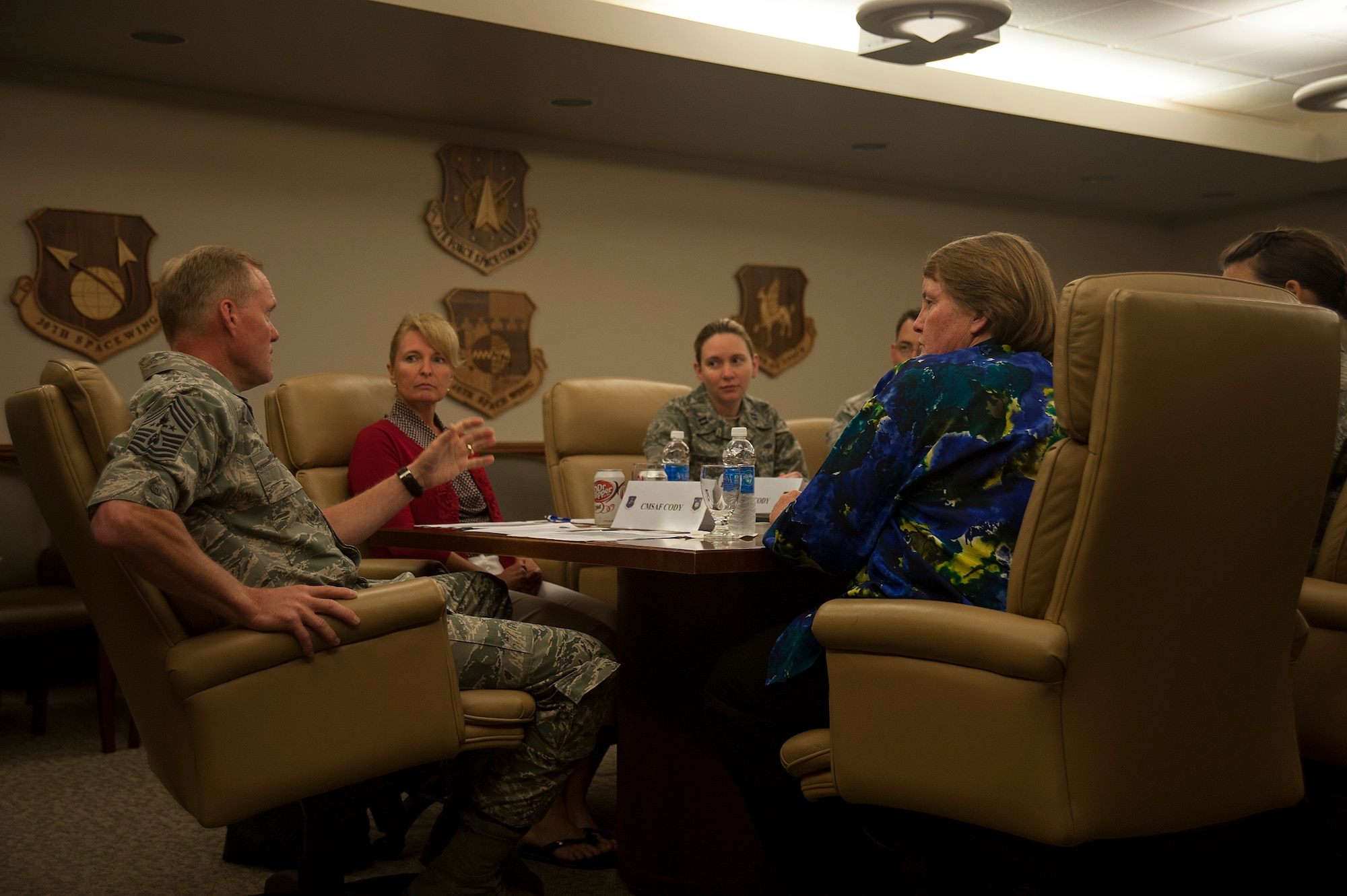 Chief Master Sgt. of the Air Force, James A. Cody, discusses sexual assault prevention with Vandenberg's Sexual Assault Response Coordinator and support team, July 8, 2014, Vandenberg Air Force Base, Calif. During the session, Cody received base level feedback on ways he can help improve prevention at a higher level. (U.S. Air Force photo by Michael Peterson/Released)