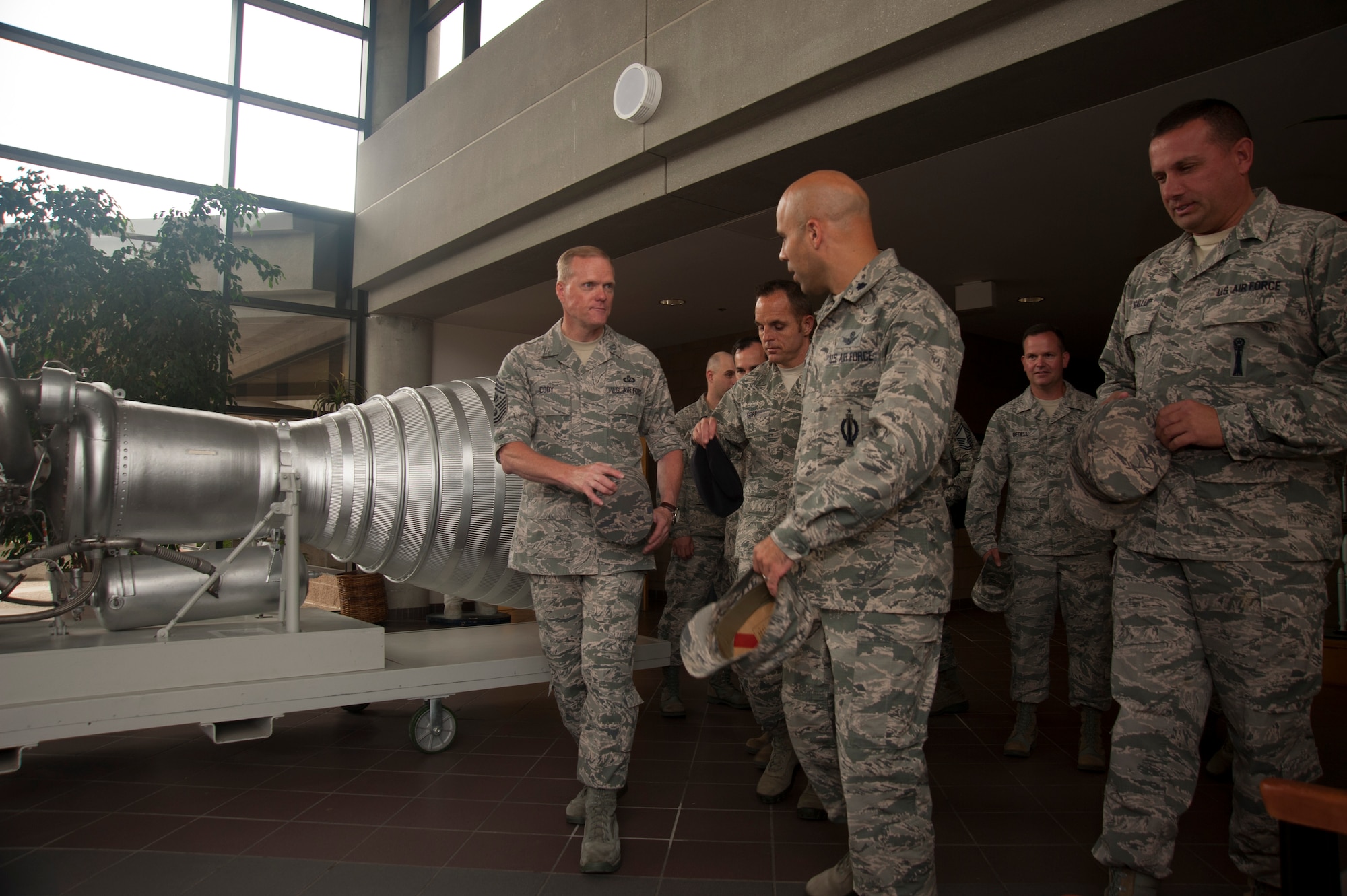 Chief Master Sgt. of the Air Force, James A. Cody, is briefed on the mission of the 532nd Training Squadron by Lt. Col. Frank Landry, 532nd TRS commander, July 8, 2014, Vandenberg Air Force Base, Calif. During his visit to the 532nd TRS, Cody had the opportunity to interact with enlisted students currently in training as missile maintainers. (U.S. Air Force photo by Michael Peterson/Released)