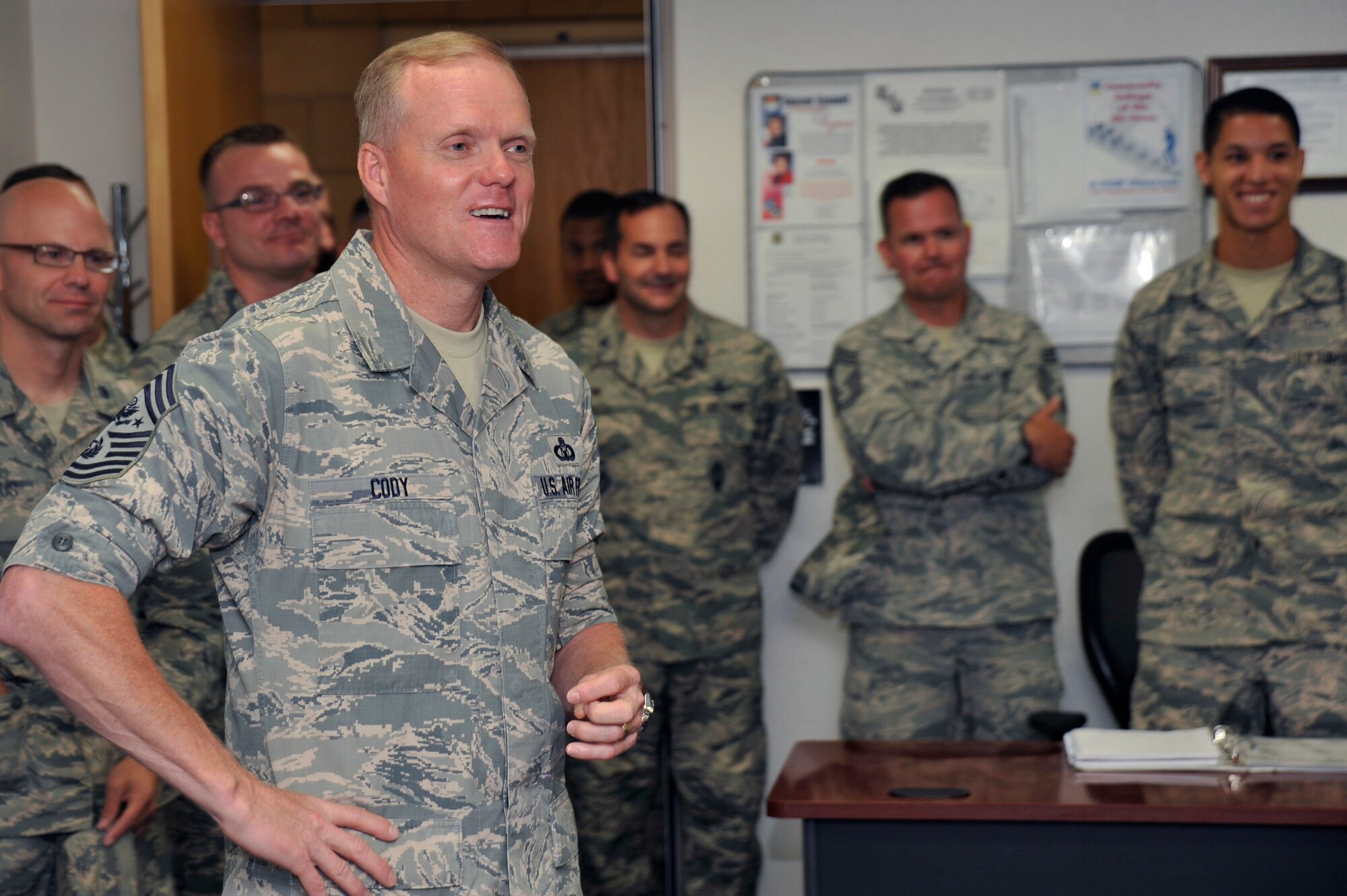 Chief Master Sgt. of the Air Force, James A. Cody, discusses topics with a class of future Space Operators going through Enlisted Undergraduate Space Training at the 381st Training Group campus, July 8, 2014, Vandenberg Air Force Base, Calif. (U.S. Air Force photo by Michael Peterson/Released)