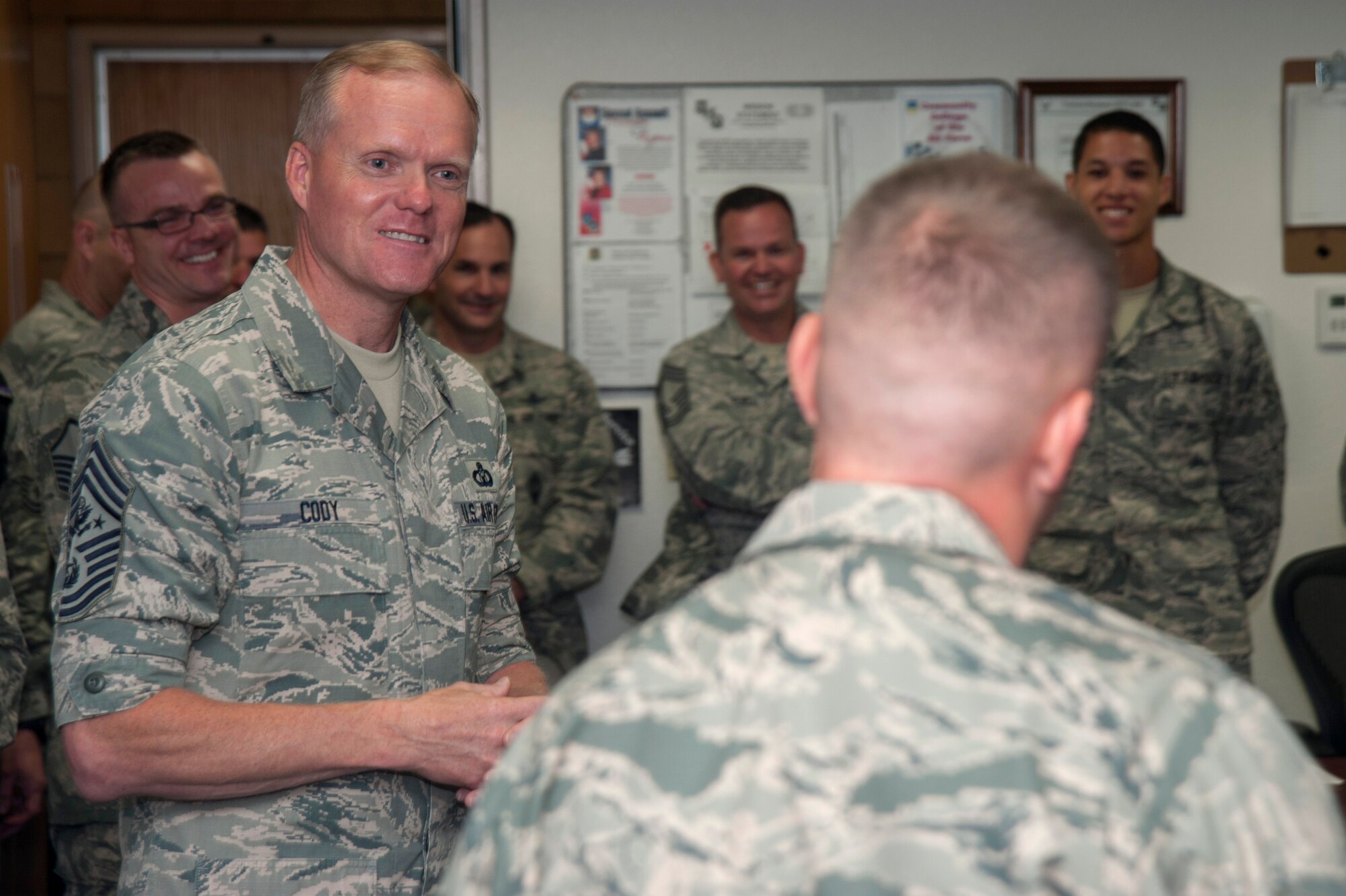 Chief Master Sgt. of the Air Force, James A. Cody, answers questions from a class of future Space Operators going through Enlisted Undergraduate Space Training at the 381st Training Group campus, July 8, 2014, Vandenberg Air Force Base, Calif. (U.S. Air Force photo by Michael Peterson/Released)