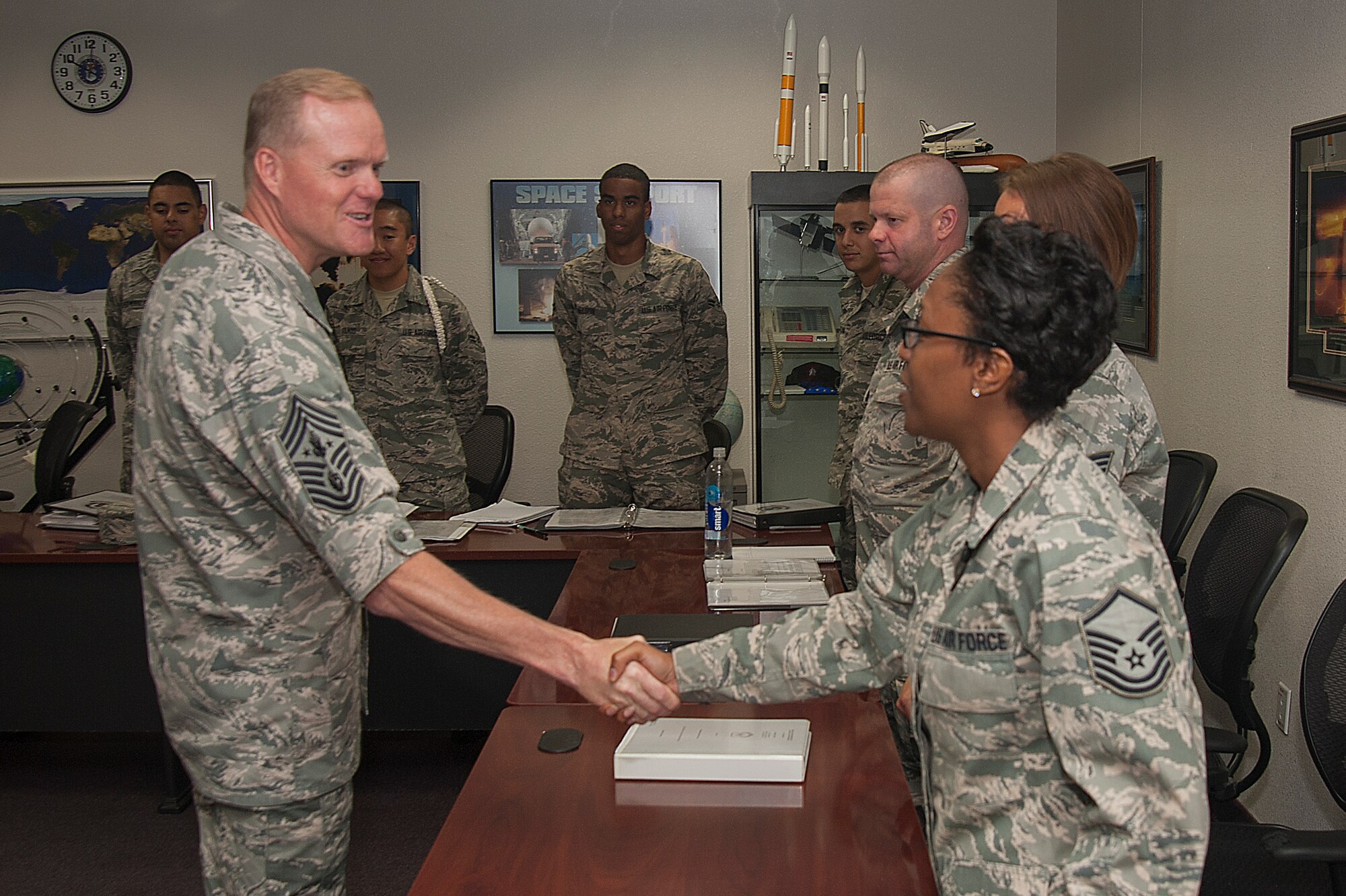 Chief Master Sgt. of the Air Force, James A. Cody, meets a class of future Space Operators going through Enlisted Undergraduate Space Training at the 381st Training Group campus, July 8, 2014, Vandenberg Air Force Base, Calif. Cody provided words of mentorship during his visit and spent time answering students' questions. (U.S. Air Force photo by Michael Peterson/Released)