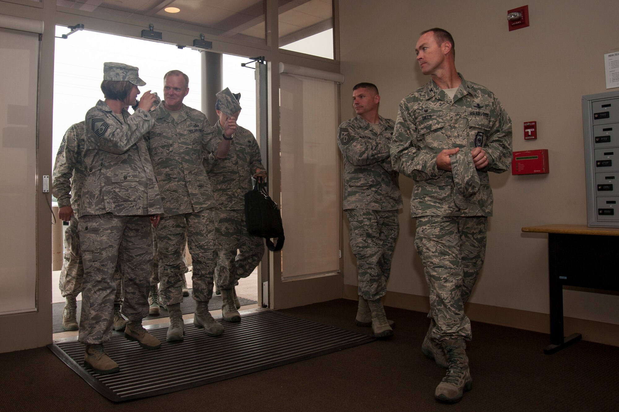 Chief Master Sgt. of the Air Force, James A. Cody meets with the 614th Air and Space Operations Center leadership prior to a mission briefing and tour July 8, 2014, Vandenberg Air Force Base, Calif. During his visit, Cody was briefed on 614th AOC mission capabilities and introduced to some of the unit's outstanding Airmen. (U.S. Air Force photo by Michael Peterson/Released)